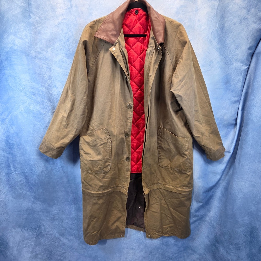 Vintage Marlborough Brown Canvas Duster Coat Leather Collar Red Quilted Liner XL